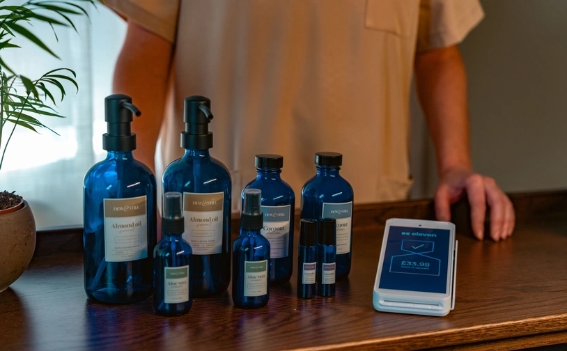 Hotel spa front desk displaying retail products beside a card payment terminal ready for customer checkout