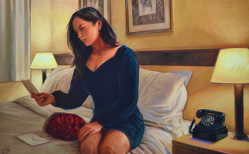 Pictured is one of Elysia's paintings, featuring a woman sits on a bed in a softly lit room, holding a card or letter beside an envelope, with bedside lamps and a telephone on a nightstand