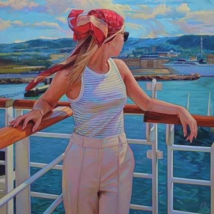 Pictured is one of Elysia's paintings, featuring a woman standing on a ship’s deck, resting her hands on the railing while looking out over a harbour with water, hills and buildings in the distance beneath a wide, cloud‑filled sky
