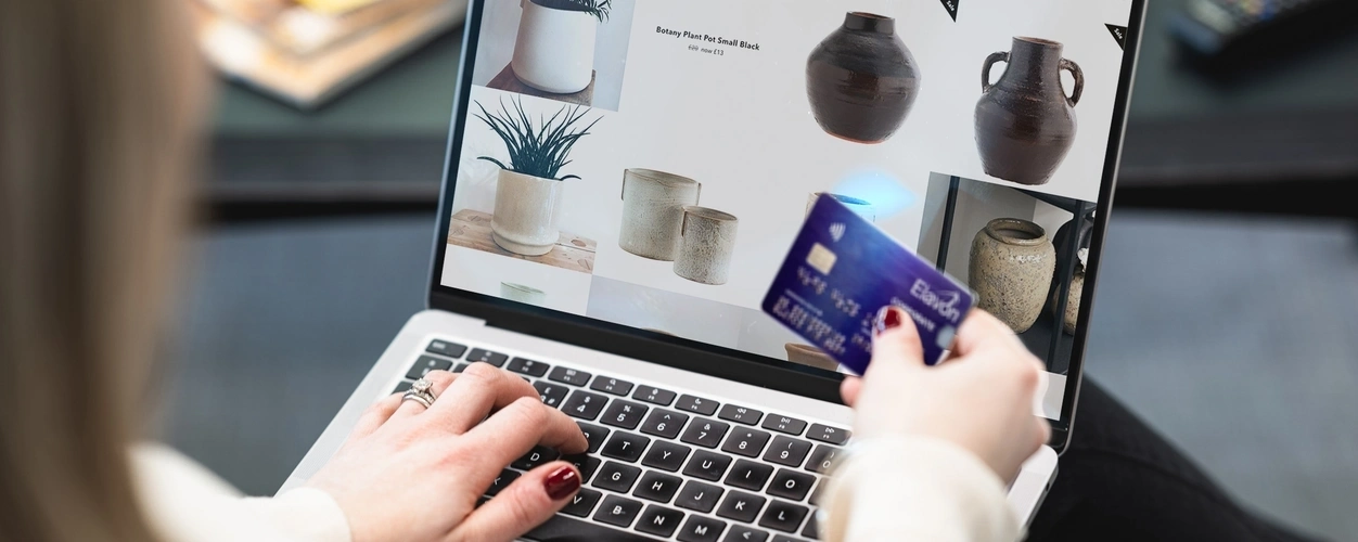 Person holding a credit card while shopping online on a laptop, browsing plant pots and vases