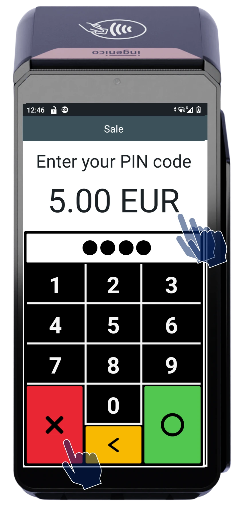 POS device interface displaying 'Enter your PIN code' for €5.00 transaction with numeric keypad and guidance icons.